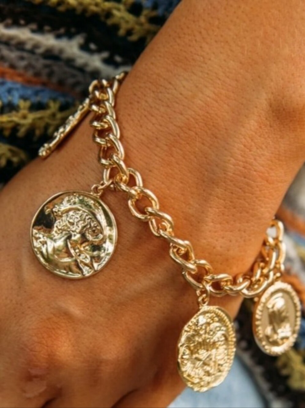 24k Solid Gold Coin Charms 925 Sterling Silver Chain Bracelet Women Jewelry
